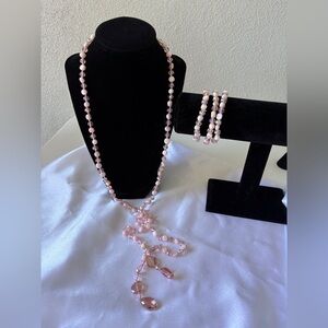 Beaded Long Wrap Necklace Matching 3 Beaded Bracelets Pink Party Barbie Fairy